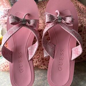GUESS Pink Rhinestone Bow Flip Flop Sandals
